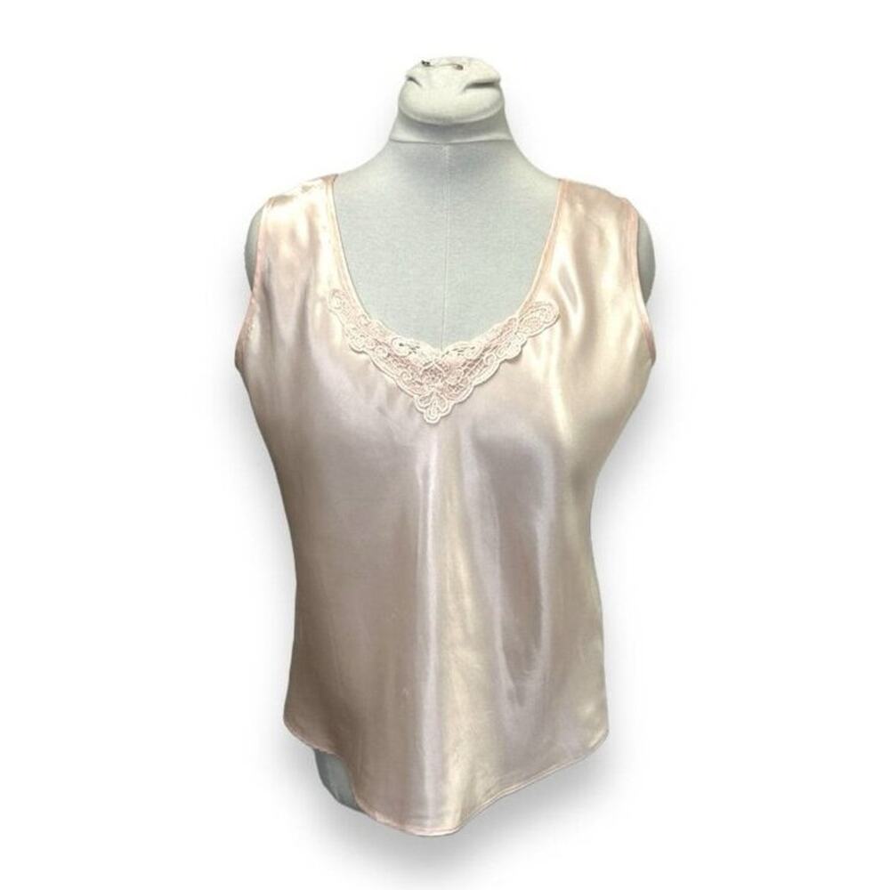 Escapades Women’s Sleeveless Satin Lace Trim Cami Tank VTG 90s Coquette Pink XL